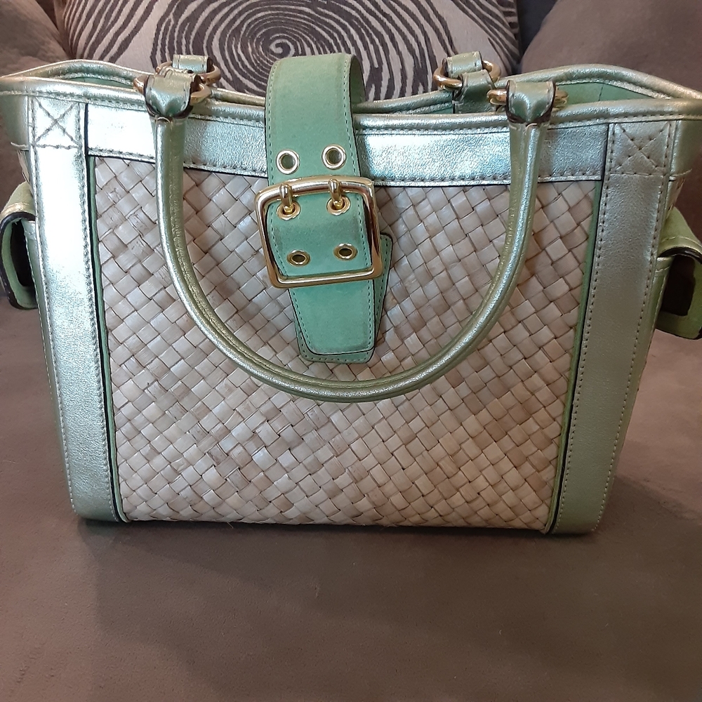 Coach Metallic Mint Green Woven Tote Bag Purse